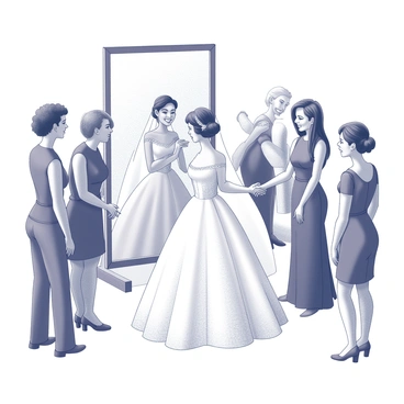 A bride standing in front of a large mirror, wearing a flowing wedding gown. She has a joyful expression on her face, showcasing a bright smile. Her reflection in the mirror is clear, highlighting the intricate details of her dress. Surrounding her are family and friends, all dressed elegantly. Some are assisting with final adjustments to the gown, while others are offering words of encouragement and admiration. The atmosphere is filled with excitement and warmth as they share this special moment together.