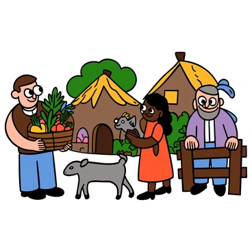 A group of villagers engaged in exchanging crops and livestock in front of rustic cottages. The scene includes a light-skinned man with big eyes wearing a brown vest and blue pants, holding a basket filled with colorful vegetables. Next to him, a dark-skinned woman with big eyes wearing a red dress is holding a small goat, smiling as she hands over some carrots. In the background, there are cozy cottages with thatched roofs, surrounded by greenery and flowers. Another villager, a light-skinned elderly man with big eyes and gray hair, is leaning on a wooden fence, watching the exchange with a friendly expression.