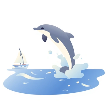 A dolphin with a sleek gray body is leaping gracefully above the ocean waves, captured mid-flip with droplets of water glistening in the sunlight. The ocean is a deep blue, with white foam at the crest of the waves. In the distance, a small sailboat with a white sail is sailing smoothly on the water. The sky is clear and bright, complementing the vibrant scene of the dolphin and the sailboat.