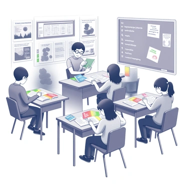 A classroom filled with students engaged in studying different languages. Each student is focused on their own set of materials, such as books and flashcards. One student is seated at a wooden desk, flipping through a thick textbook, while another is writing vocabulary words on a notepad. On a nearby table, colorful flashcards are scattered, each displaying different words and phrases in various languages. The walls of the classroom are adorned with posters showcasing alphabets and cultural elements from around the world. A chalkboard at the front displays a lesson plan with diagrams and notes related to language learning.