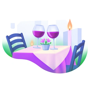 A dimly lit table set for two, featuring two elegantly shaped wine glasses filled with deep red wine. Soft, flickering candle flames cast a warm glow around the table, enhancing the romantic atmosphere. A delicate tablecloth in a soft pastel color covers the table, and a small vase with fresh flowers sits in the center. The background hints at a serene evening with subtle details that evoke intimacy.