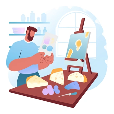 An artist is standing in a sunlit studio, focused on creating a still life painting. On a wooden table in front of the artist, there is a variety of assorted cheeses arranged artfully. The cheeses have different shapes and colors, including a round wheel of Brie, a block of aged cheddar, and a wedge of blue cheese. Next to the cheeses, there are a few grapes scattered around and a small cheese knife resting on the table. The background features shelves with art supplies and a window letting in warm sunlight that highlights the textures of the cheeses and the artist's painting setup.