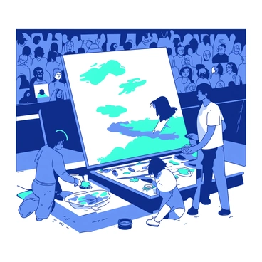 A large canvas is set up on a stage at an awards ceremony. Several artists are gathered around the canvas, each absorbed in their work. One artist is using a blue paintbrush to apply vibrant strokes, while another artist is adding intricate details with a teal pen. The canvas features a blend of colors, showcasing the collaborative nature of their artwork. The background is filled with audience members watching intently, and the atmosphere is lively as each artist contributes their unique style.