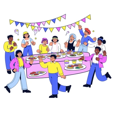 A vibrant festival scene with people from various cultures. Individuals are dressed in traditional clothing, representing different heritages. Some people are engaged in lively dances, with dynamic poses showcasing their movements. Others are gathered around tables filled with an array of traditional foods, including colorful dishes and desserts. The atmosphere is filled with excitement and celebration. Bright decorations and banners add to the festive ambiance.
