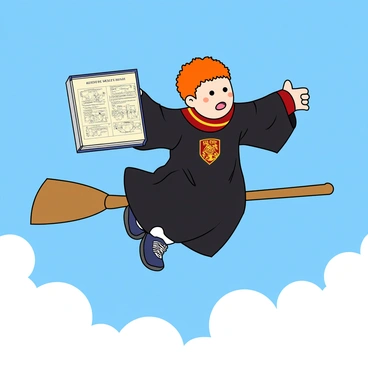 A young wizard with bright red hair and freckles, wearing a black Quidditch robe with a red and gold crest. He is confidently flying on a sleek, wooden broomstick high in the sky. In his right hand, he clutches a large Quidditch rulebook, its cover showing various diagrams of the game. Below him, fluffy white clouds float in the blue sky. His expression is focused, and a determined look is on his face as he maneuvers expertly through the air.