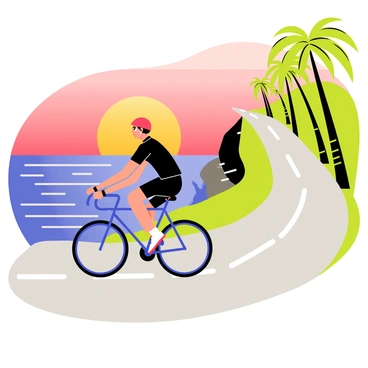 A cyclist riding a fast bike along a coastal road at sunset