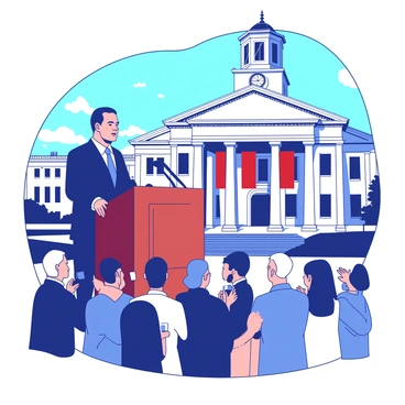 A mayor in a dark blue suit is standing at a wooden podium with a microphone, delivering an address. Behind the mayor is an ornate historic city hall building with large columns and intricate architectural details. The building features a clock tower at the top, and there are red banners hanging from the windows. In front of the podium, a small crowd of listeners is gathered, some holding cameras while others are clapping. The scene is set during the day with clear blue skies overhead.