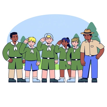 A group of four scouts standing in a line, each wearing a green uniform with a neckerchief. They are saluting their leader, who stands in front of them wearing a brown hat and a khaki shirt. The scouts have serious expressions, demonstrating focus and commitment. Behind them, a clear blue sky is visible, and there are a few trees in the background, emphasizing a natural setting. The leader is looking proudly at the scouts, instilling a sense of obedience and honor.