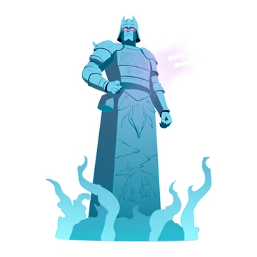 A formidable stone statue of a warrior stands tall, its surface rugged and textured, showcasing intricate carvings that depict ancient battle scenes. The warrior has a fierce expression, with sharp angles highlighting its determined features. Its eyes emit a vibrant glow of red, casting a haunting light in the surrounding area. Eerie mist swirls around the base of the statue, creating a mysterious atmosphere. The mist is thick and ethereal, partially obscuring the ground and giving the scene an otherworldly feel. The warrior's armor is detailed, featuring ornate designs that reflect craftsmanship from a bygone era. A faint light seems to flicker in the background, enhancing the mystical ambiance of the image.