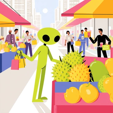 An extraterrestrial being with green skin and large expressive eyes is browsing through stalls at a bustling city market. The market is filled with colorful canopies and various vendors. The ET is curiously examining an array of exotic fruits, including spiky durians, vibrant dragon fruits, and bright yellow starfruits. Surrounding the stalls are cheerful shoppers and lively market scenes, with some people holding bags filled with goods while others are engaged in conversation. The atmosphere is vibrant, showcasing a rich diversity of cultures and products.
