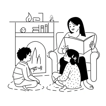 A mother sitting in a comfortable armchair, holding an open storybook. She is smiling down at her two children, a boy and a girl, who are sitting cross-legged on the floor beside her. The boy has tousled hair and is wearing a striped shirt, while the girl has pigtails and is dressed in a patterned dress. A warm, glowing fireplace is in the background, with flames flickering and a couple of logs burning. The room is filled with bookshelves and a soft rug underfoot, adding to the cozy atmosphere. The mother’s expression is warm and loving as she engages her children with the story.