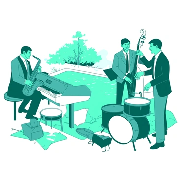A teal jazz band consisting of four musicians is performing next to a white pool at an elegant evening event. The saxophonist, wearing a stylish suit, is playing passionately, while the pianist is seated at a white grand piano with a soft smile. Beside them, a double bassist stands tall, plucking the strings, and a drummer keeps the rhythm with precision on a white drum set. The pool is illuminated with soft blue lights reflecting on the water's surface, creating a vibrant atmosphere. Guests in formal attire are mingling around, enjoying the music and the ambiance of the evening.