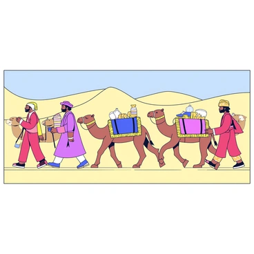 A group of traders walking along the Silk Road. The traders are dressed in traditional attire, with flowing robes and turbans. They are accompanied by several camels, each loaded with colorful luxurious fabrics and various goods. The fabrics include rich silks in shades of red, blue, and gold, draped carefully over the camels' saddles. The scene is set against a backdrop of rolling desert dunes under a clear blue sky.