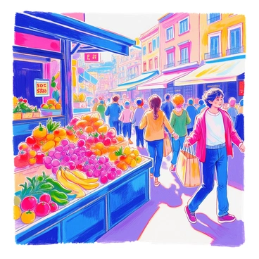 A bustling market scene features stalls overflowing with colorful fruits and vegetables. Brightly colored apples, oranges, bananas, and bunches of grapes are displayed prominently. There are vibrant green peppers, red tomatoes, and yellow squash stacked attractively. Shoppers are moving between the stalls, some holding shopping bags filled with fresh produce. Vendors are engaging with customers, showcasing their goods with enthusiastic gestures. The background is filled with banners and signs indicating prices.