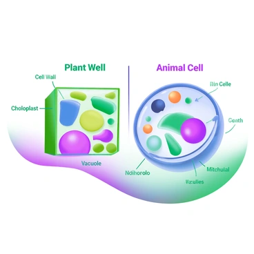 A modern pastel illustration depicting a side-by-side comparison of a plant cell and an animal cell. The plant cell is on the left, featuring a rectangular shape, a cell wall, chloroplasts in bright green, and a large central vacuole. Each component is clearly labeled with words such as "Cell Wall," "Chloroplast," and "Vacuole." The animal cell is on the right, displaying a more irregular shape, with no cell wall, several small vacuoles, and various organelles such as mitochondria and the nucleus, all clearly labeled. The background is a soft pastel color, ensuring the cells stand out prominently.