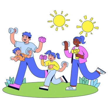 A family of four is in their backyard participating in fun fitness activities. The father is demonstrating a chest press with a light blue dumbbell, while the mother is following suit with a pink dumbbell. Their young daughter is cheerfully mimicking the exercise with a yellow toy dumbbell. The son is running around, encouraging them with a big smile on his face. The backyard is surrounded by green grass and a few colorful flowers, creating a lively atmosphere. The sun is shining brightly, adding a warm glow to the scene.