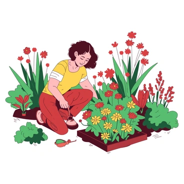 A person is kneeling down in a vibrant garden filled with blooming flowers of various shapes and sizes. They are tending to their favorite flowers, which are a mixture of colors, including red and yellow petals. The gardener has a watering can in hand, gently watering a cluster of bright yellow daisies. Surrounding them are tall green plants and small bushes, creating a lush environment. The sun casts a warm light across the garden, highlighting the vivid colors of the flowers and the gardener's focused expression.