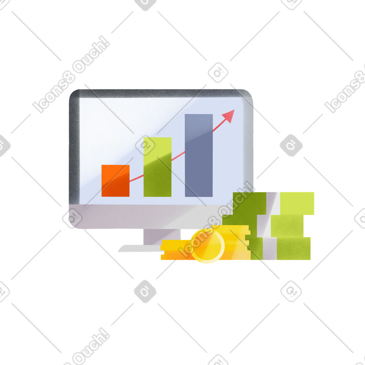 Illustration Rising graph on monitor and money stacks, Financial growth investing dans le style Shine à télécharger aux formats PNG, SVG