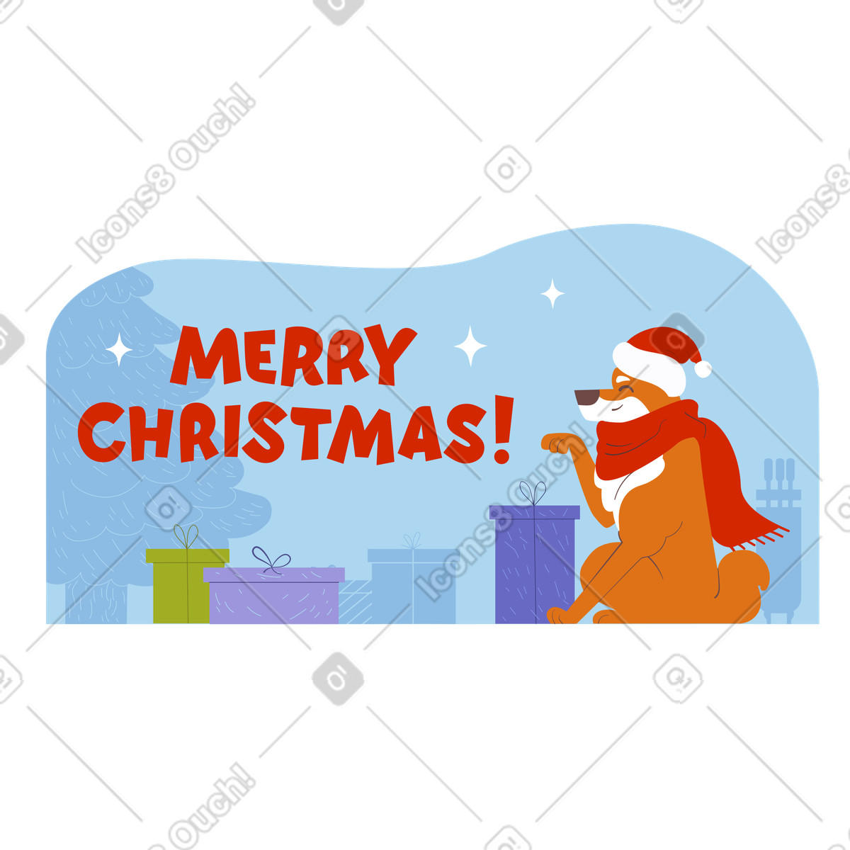 Frohe weihnachten-text und hund öffnet weihnachtsgeschenke-Illustration im Woof-Stil als Download in PNG, SVG