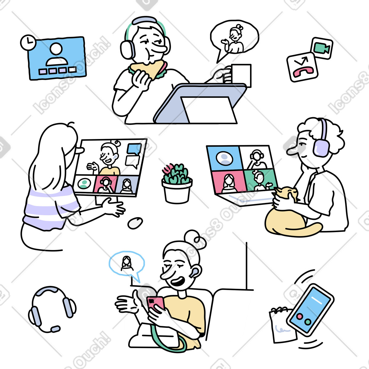 Persone alle riunioni video online illustrazione in stile Notes scarica in PNG, SVG