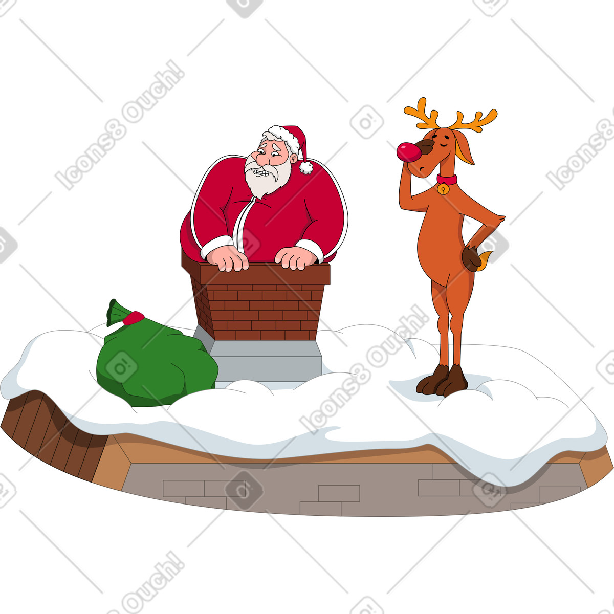 下载 Camp 风格的 Santa stuck in a chimney and disappointed reindeer 插画，支持 PNG、SVG 格式