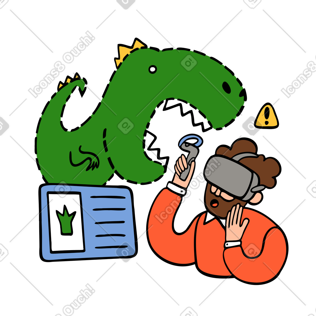 Man learning information about dinosaurs in VR glasses illustration in Comic style download in PNG, SVG