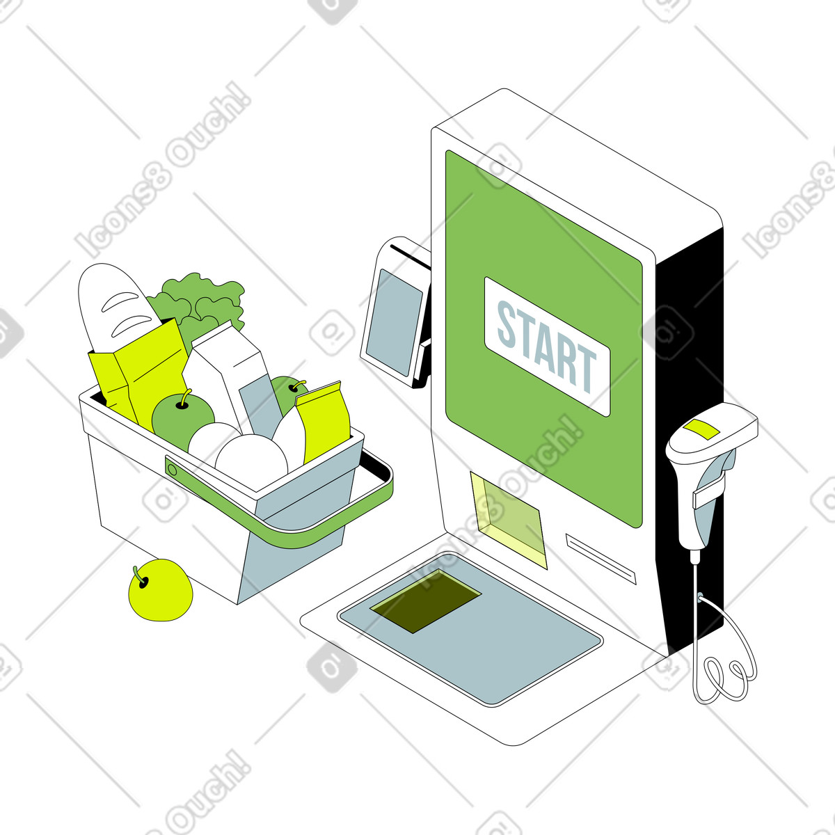 Buying groceries at the self-service checkout illustration in Isometric style download in PNG, SVG