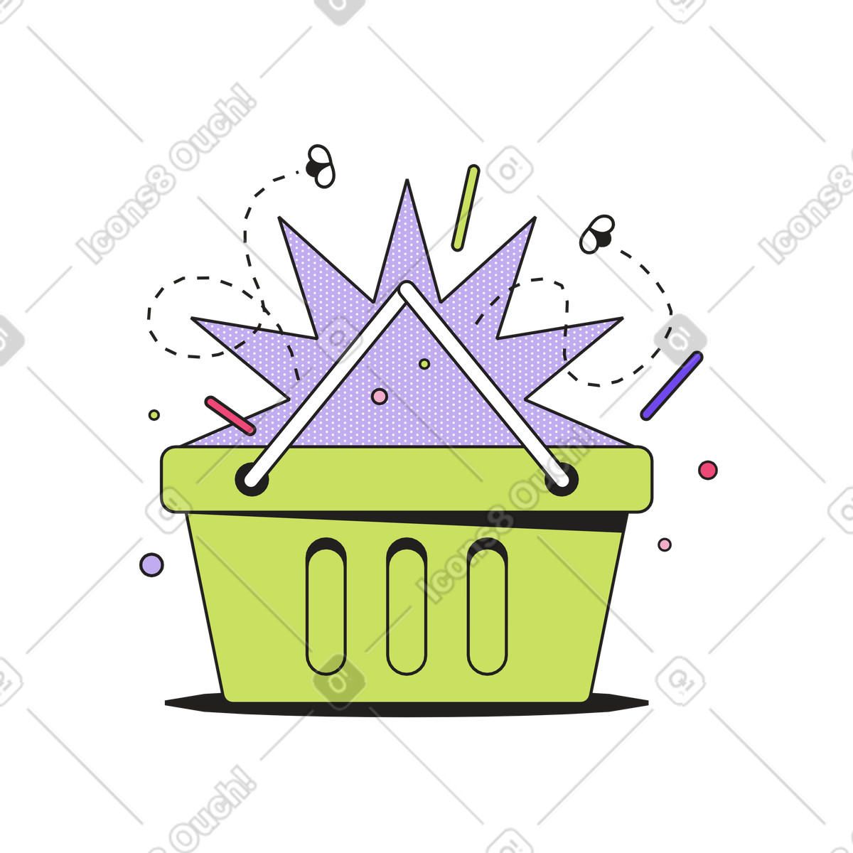 Green shopping basket with abstract burst, Online retail and e commerce-Illustration im Dazzle-Stil als Download in PNG, SVG