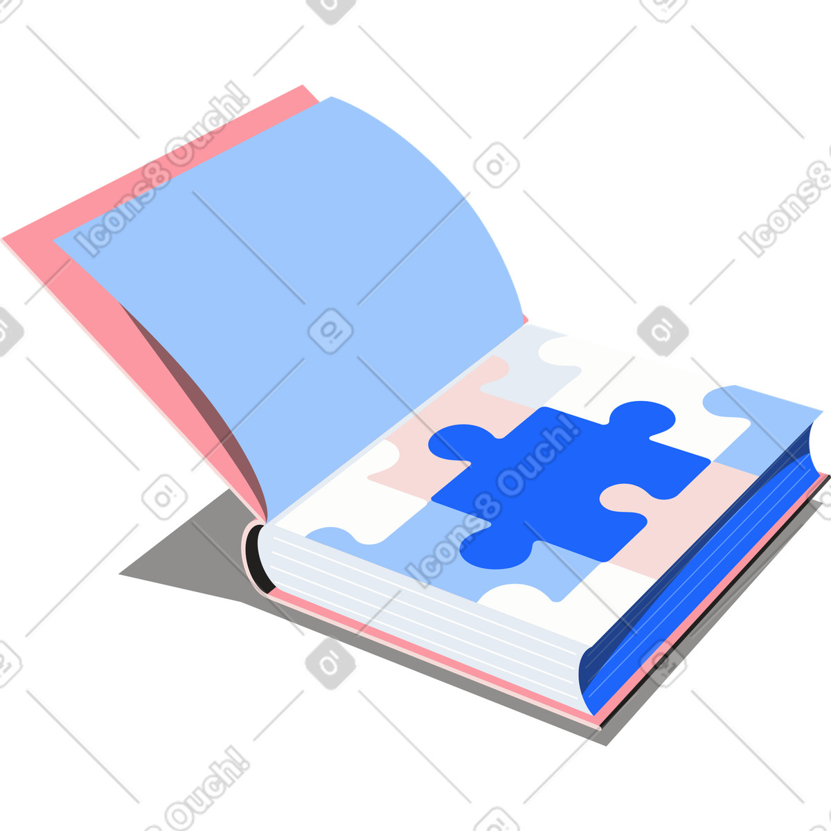 Offenes buch mit einem bild von puzzles auf der seite-Illustration im Editorial-Stil als Download in PNG, SVG