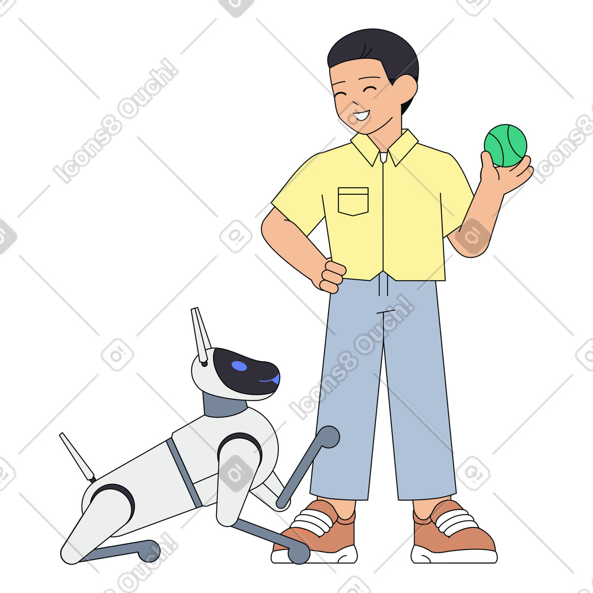 User testing AI-powered companion robot, Human interaction with smart robotic pet, Play-based training of autonomous robot illustration in Teko style download in PNG, SVG