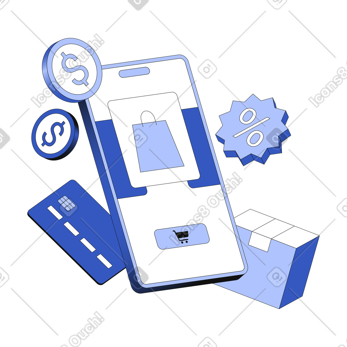 E-shopping and ordering goods online illustration in Techny style download in PNG, SVG