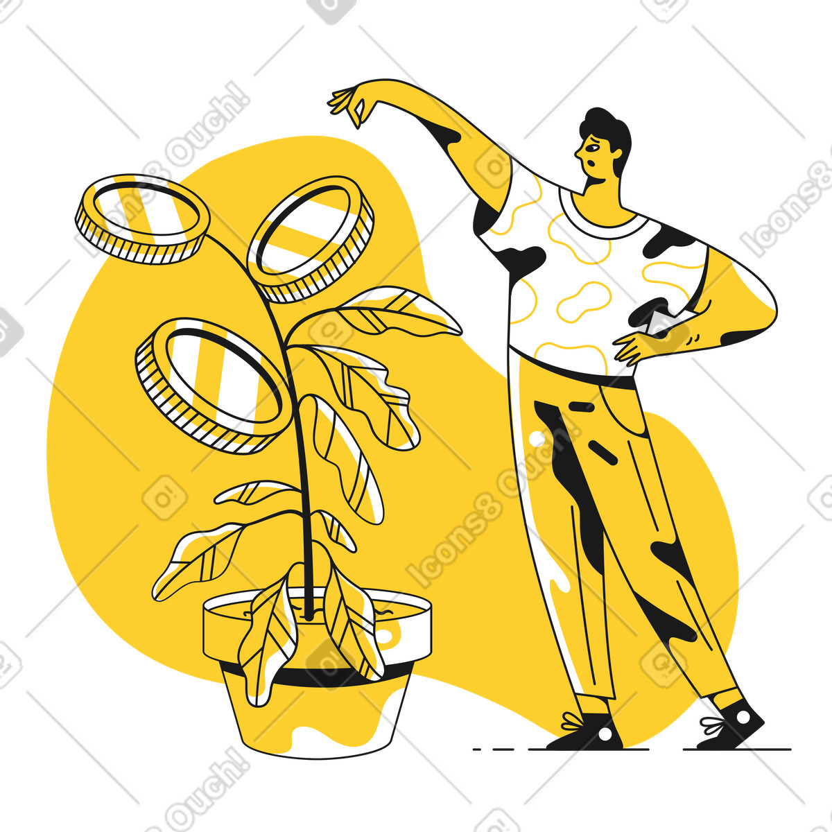 Ilustração de Homem cultivando uma árvore dinheiro em um vaso no estilo Taxi para baixar PNG, SVG