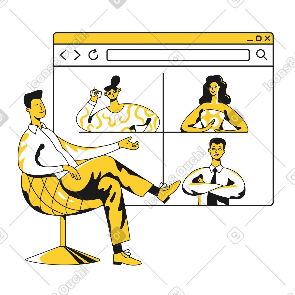 Ilustración Hombre en una reunión línea con sus compañeros de trabajo estilo Taxi a descargar PNG y SVG