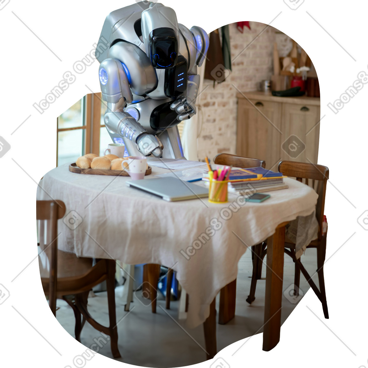Illustration Background with a table and robot dans le style Everyday à télécharger aux formats PNG, SVG