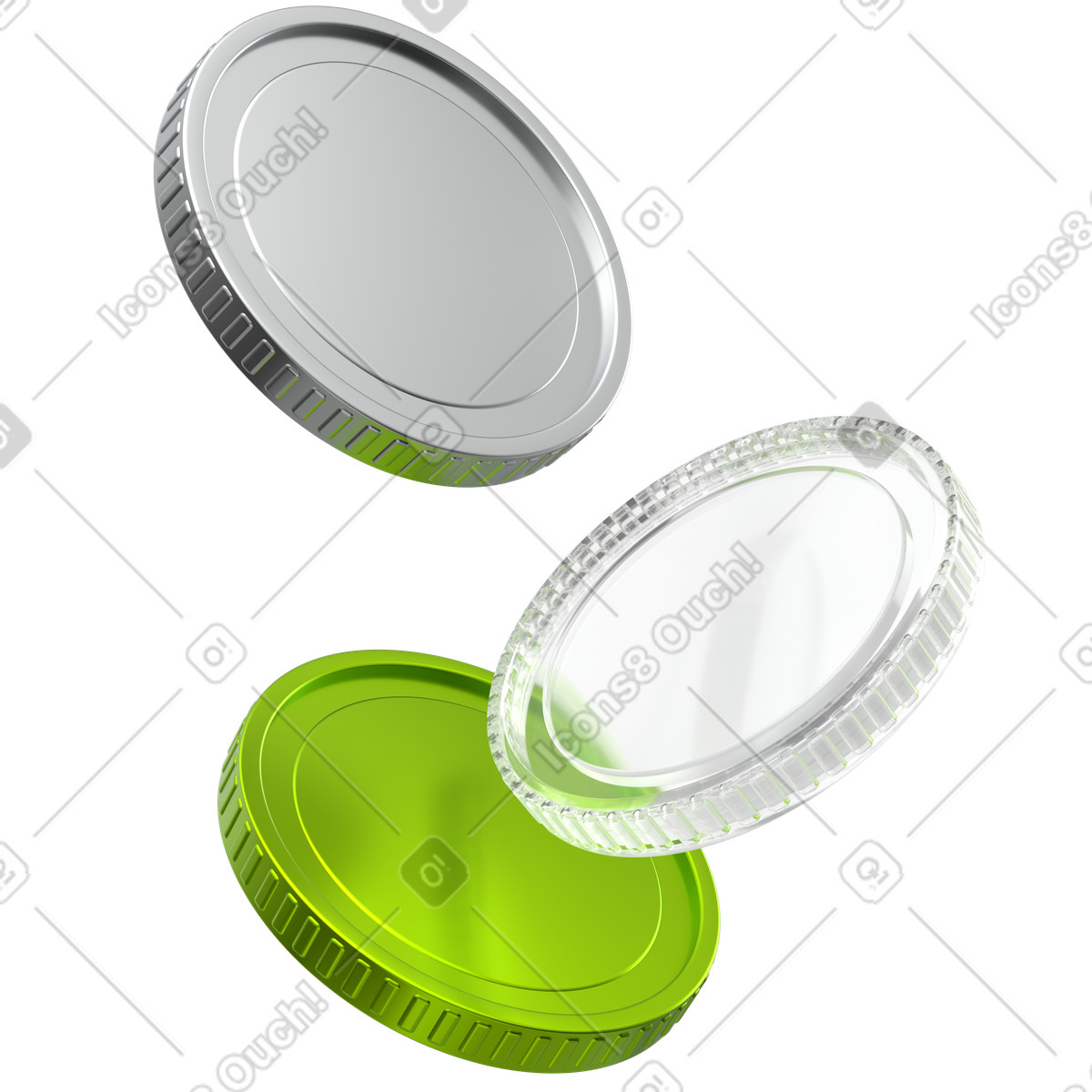 Crypto token swap with silver and green coins illustration in 3D Enterprise style download in PNG, SVG