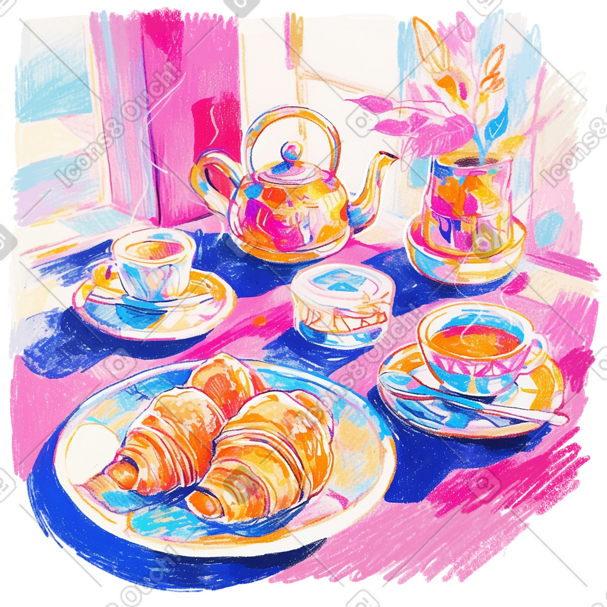 Pencil drawing of breakfast with teapot, cups, croissants illustration in Fuchsia style download in PNG, SVG
