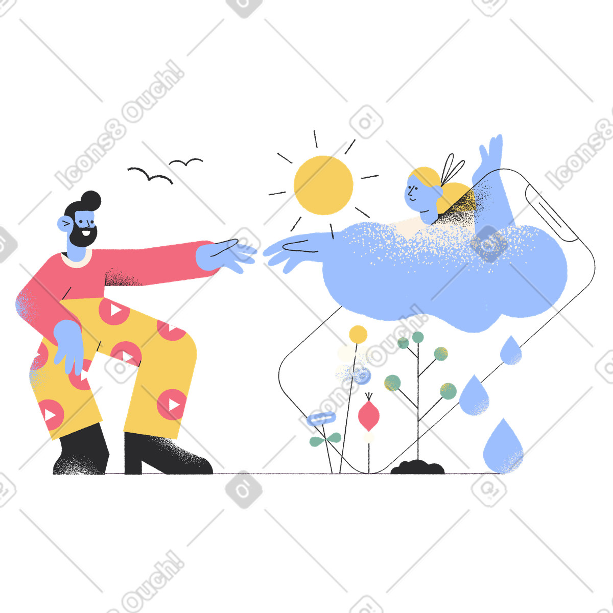 전화로 날씨 예보를 확인하는 남자 illustration in Pablo style download in PNG, SVG