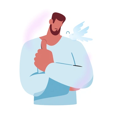 A person with a small angel on one shoulder, whispering advice into their ear