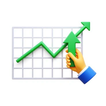 A line graph with a steady upward trajectory displayed on a grid. The line is smooth and consistent, illustrating a positive trend. A human hand is positioned at the right side of the graph, holding a green upward arrow. The arrow is being added to the graph, emphasizing the continued growth represented by the line. The background is plain to highlight the graph and the hand.