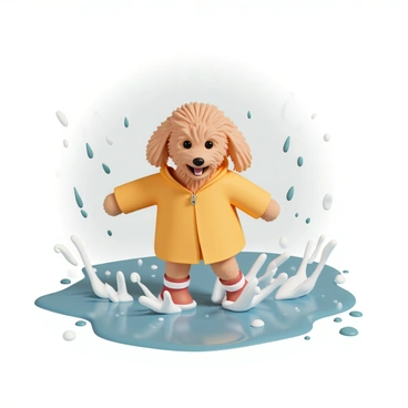 A goldendoodle with a fluffy, golden coat, wearing a bright yellow raincoat and red rubber boots. The dog is energetically splashing in a large puddle, sending droplets of water flying in all directions. The background features a gray sky with light rain falling, while the ground is wet and shiny, reflecting the dog's playful antics. The goldendoodle has a joyful expression, with its mouth open, enjoying the moment.