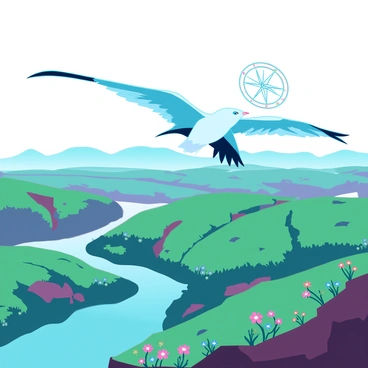 A migratory bird with sleek feathers and a streamlined body is soaring through a vast landscape. Its wings are outstretched, capturing the sunlight, creating a glimmering effect. Below, rolling hills covered in green grass and dotted with patches of vibrant wildflowers stretch across the horizon. A winding river reflects the sky, carving its way through the terrain. The bird appears to be oriented towards a faint, glowing compass-like symbol in the air, representing Earth's magnetic field, guiding its journey across the scenery.