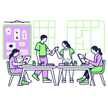 A group of students is seated at large tables in a modern art classroom. Each student is focused on a tablet, using digital drawing tools to create illustrations. The desks are scattered with various art supplies, including green colored pencils and purple sketchbooks. On one wall, there is a large bulletin board displaying examples of both traditional and digital artwork. The classroom is brightly lit, and large windows allow natural light to flood the space. One student stands to share their screen with a classmate, who watches intently, pointing at the tablet with a stylus.