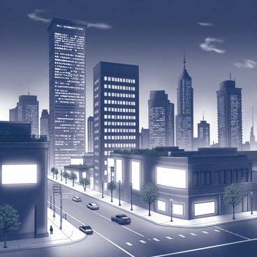 A city skyline at night. Tall skyscrapers dominate the landscape, their windows reflecting the light from various sources. The streets are bustling with activity, featuring cars and pedestrians. Neon signs in various shapes and sizes are visible on buildings, casting light onto the sidewalks below. Some structures have balconies with small plants, while others display large billboards. The sky is dark, with a few scattered clouds, adding contrast to the city’s bright visual elements.