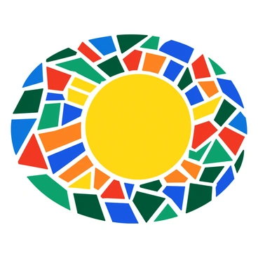 A vibrant mosaic artwork featuring a variety of colored tiles arranged to create a cohesive image. The tiles are shaped in squares and rectangles, with colors including red, blue, yellow, green, and orange. Each tile is glossy and reflects light, enhancing the overall brightness of the piece. The design of the mosaic could depict a large sun with rays extending outward, blending seamlessly from the center to the edges. The surrounding area includes abstract patterns that complement the main image without overwhelming it.