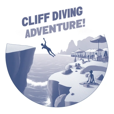 A vintage poster design featuring an illustration of a cliff diving scene. The poster showcases a rocky cliff with a diver poised at the edge, ready to leap into the water below. In the background, there are stylized waves crashing against the rocks. To the side, a lively beach resort with retro umbrellas and sunbathers can be seen. The typography at the top displays "Cliff Diving Adventure!" in bold, eye-catching letters, while the bottom includes "1950s Beach Resort" in a smaller, vintage font.