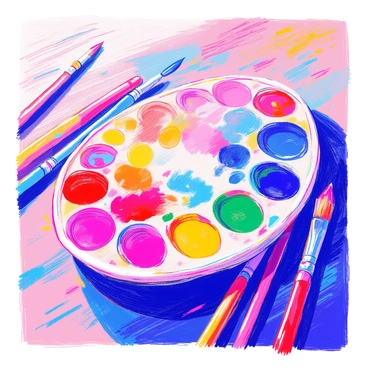 An artist's palette is placed on a wooden table. The palette is oval-shaped and features vivid paint dabs in a spectrum of colors including bright reds, deep blues, vibrant yellows, greens, and purples. The paint appears freshly applied, with some colors slightly mixing at the edges where they meet. A few paintbrushes are lying beside the palette, some with bristles stained in various hues. The background has a hint of a canvas with brush strokes visible.