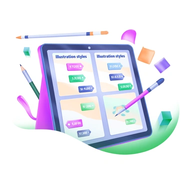 A digital tablet screen displaying a menu featuring various "illustration styles" alongside their corresponding "prices." The screen shows multiple sections, each labeled with a different style name such as "watercolor," "vector," and "pastel." Each section includes a price tag in a bold font. Decorative elements like a pencil, a paintbrush, and color swatches are placed around the tablet, enhancing the theme of illustration. The background is minimal, focusing attention on the tablet and its content.
