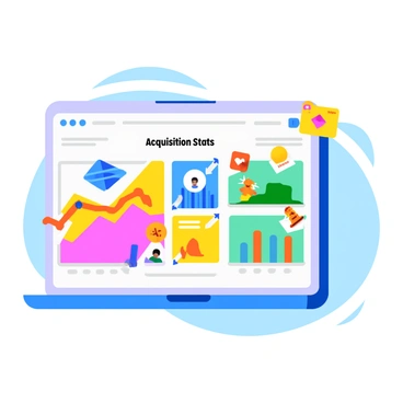 A digital interface showcasing the acquisition of an app. The screen displays colorful graphs and charts representing user statistics, including the number of downloads, active users, and user demographics. Various vibrant icons symbolize different app features, and a prominent "Acquisition Stats" title is centered at the top. There are animated elements, such as upward arrows and glowing notifications, enhancing the dynamic feel of the interface. The background is a light gradient, providing a modern and tech-savvy atmosphere.