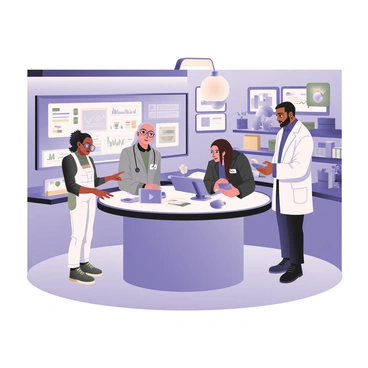 A group of four stakeholders collaborating in a futuristic lab. The first stakeholder, a woman with medium skin and short curly black hair, is wearing a sleek white jumpsuit and holographic glasses. She is standing at a large transparent touchscreen, pointing at data displayed on it. The second stakeholder, a man with light skin and a shaved head, is wearing a high-tech black jacket and is sitting at a circular table, typing on a floating keyboard. The third stakeholder, a woman with dark skin and long straight hair, is wearing a silver lab coat and is examining a small robotic device in her hands. The fourth stakeholder, a man with olive skin and a beard, is looking at a digital tablet with a focused expression, dressed in a blue shirt and gray pants. The lab is filled with various tech gadgets, including screens showing dynamic graphs, robotic arms, and glowing orbs. The atmosphere is bright and filled with innovation, with walls lined with sleek storage units and ambient lights.