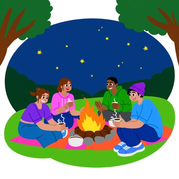 A group of five friends is sitting together on colorful picnic blankets around an enchanted bonfire. The flames of the bonfire are bright orange and yellow, casting a warm glow on their faces. Each friend has a unique appearance, with one wearing a purple beanie, another in a green hoodie, and a third in a blue t-shirt. They are laughing and sharing stories while holding cups of steaming hot chocolate. Above them, the night sky is filled with numerous twinkling stars, and trees with leafy branches surround the clearing, creating a cozy atmosphere. Small, glowing fireflies are dancing in the air, adding to the magical ambiance.
